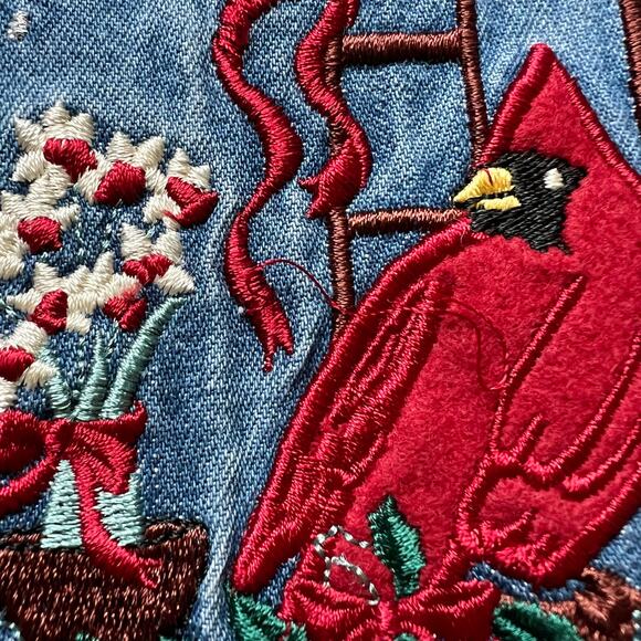Vintage Embroidered Cardinals Holiday Winter Denim Button Up Birds Shirt Flower - Picture 4 of 9